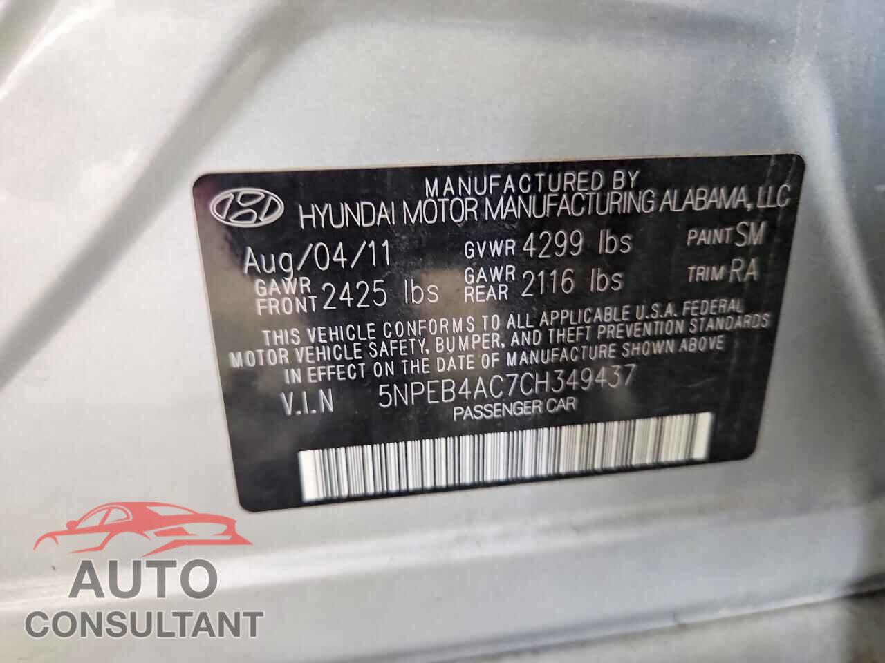 HYUNDAI SONATA 2012 - 5NPEB4AC7CH349437