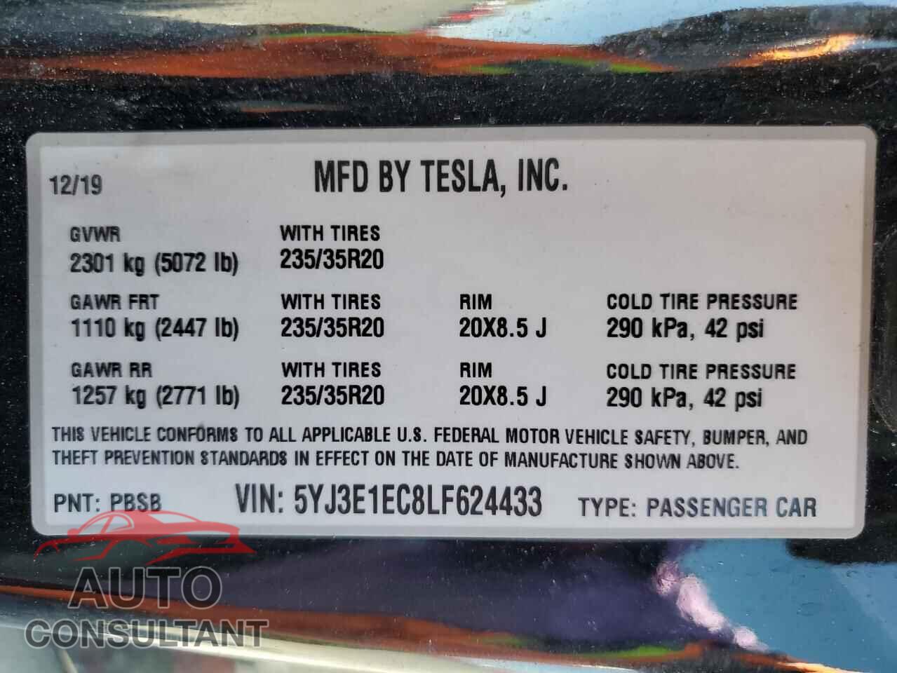 TESLA MODEL 3 2020 - 5YJ3E1EC8LF624433