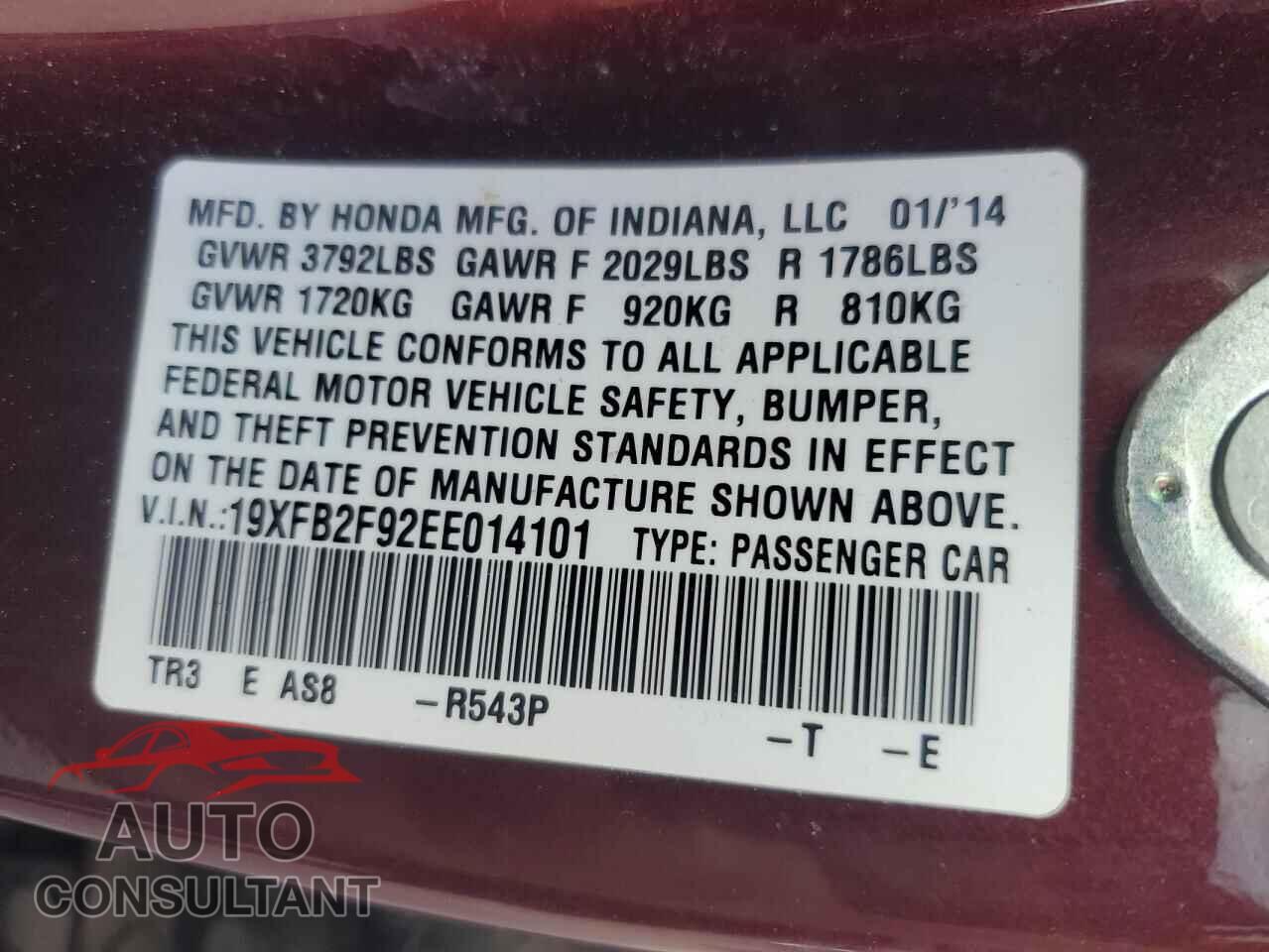 HONDA CIVIC 2014 - 19XFB2F92EE014101