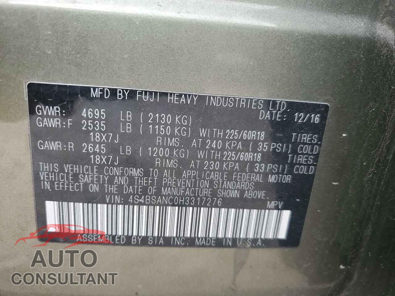 SUBARU OUTBACK 2017 - 4S4BSANC0H3317276