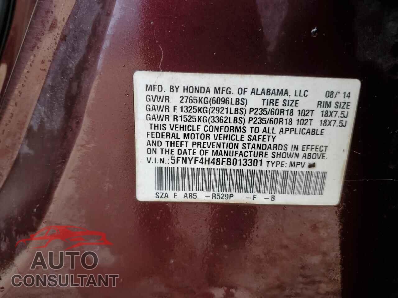 HONDA PILOT 2015 - 5FNYF4H48FB013301