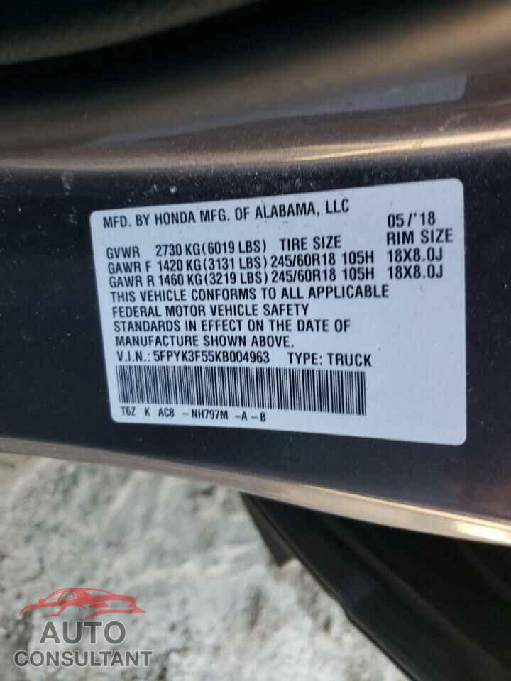 HONDA RIDGELINE 2019 - 5FPYK3F55KB004963