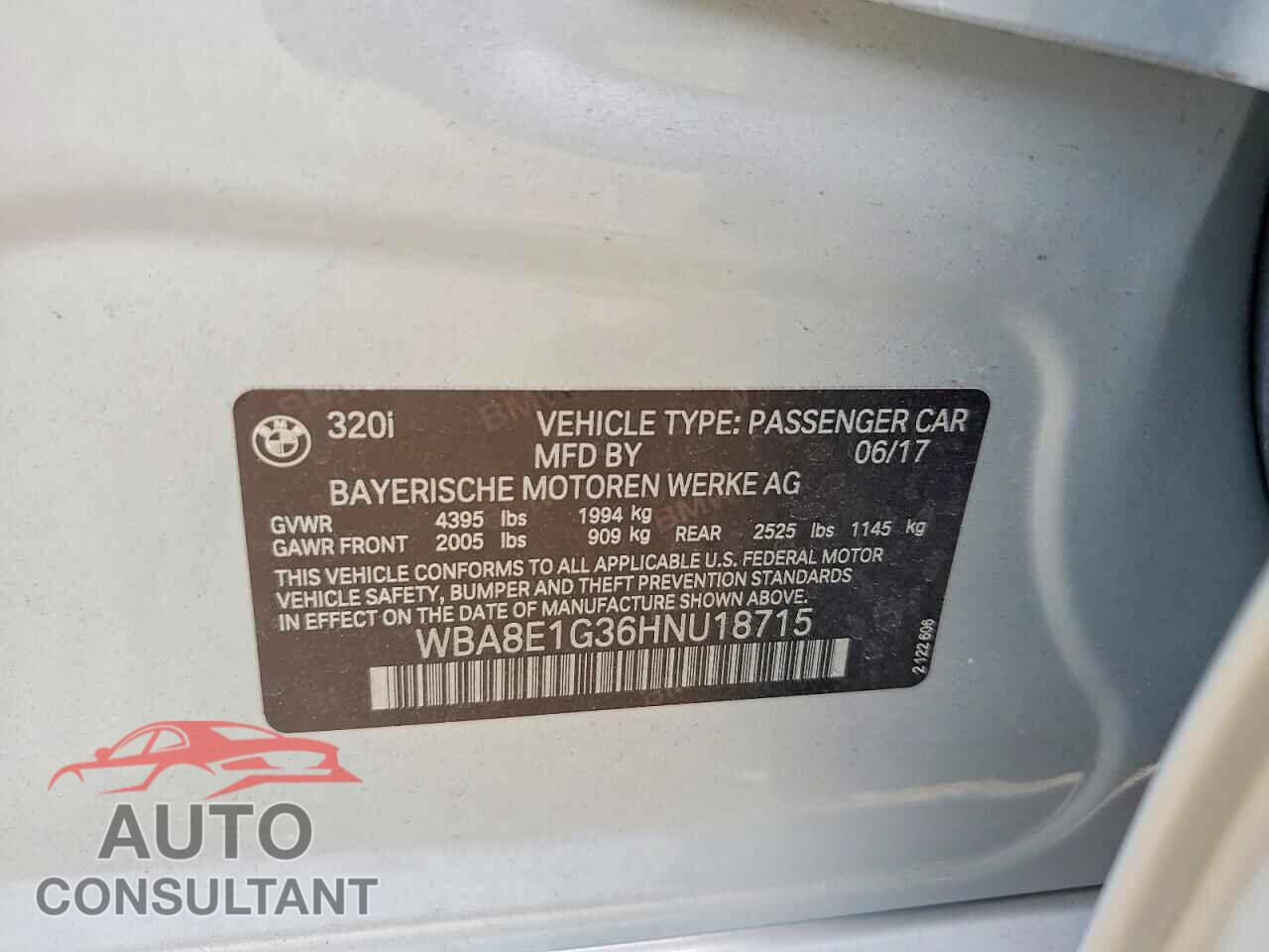 BMW 3 SERIES 2017 - WBA8E1G36HNU18715
