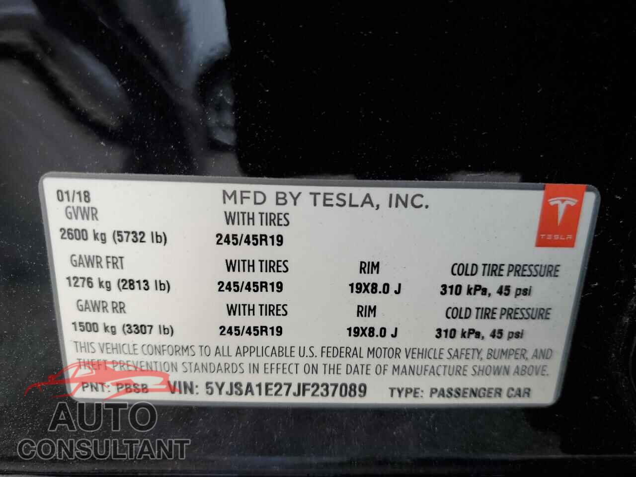 TESLA MODEL S 2018 - 5YJSA1E27JF237089