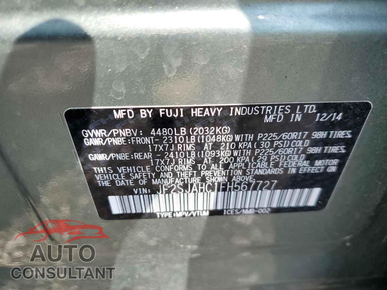 SUBARU FORESTER 2015 - JF2SJAHC1FH567727