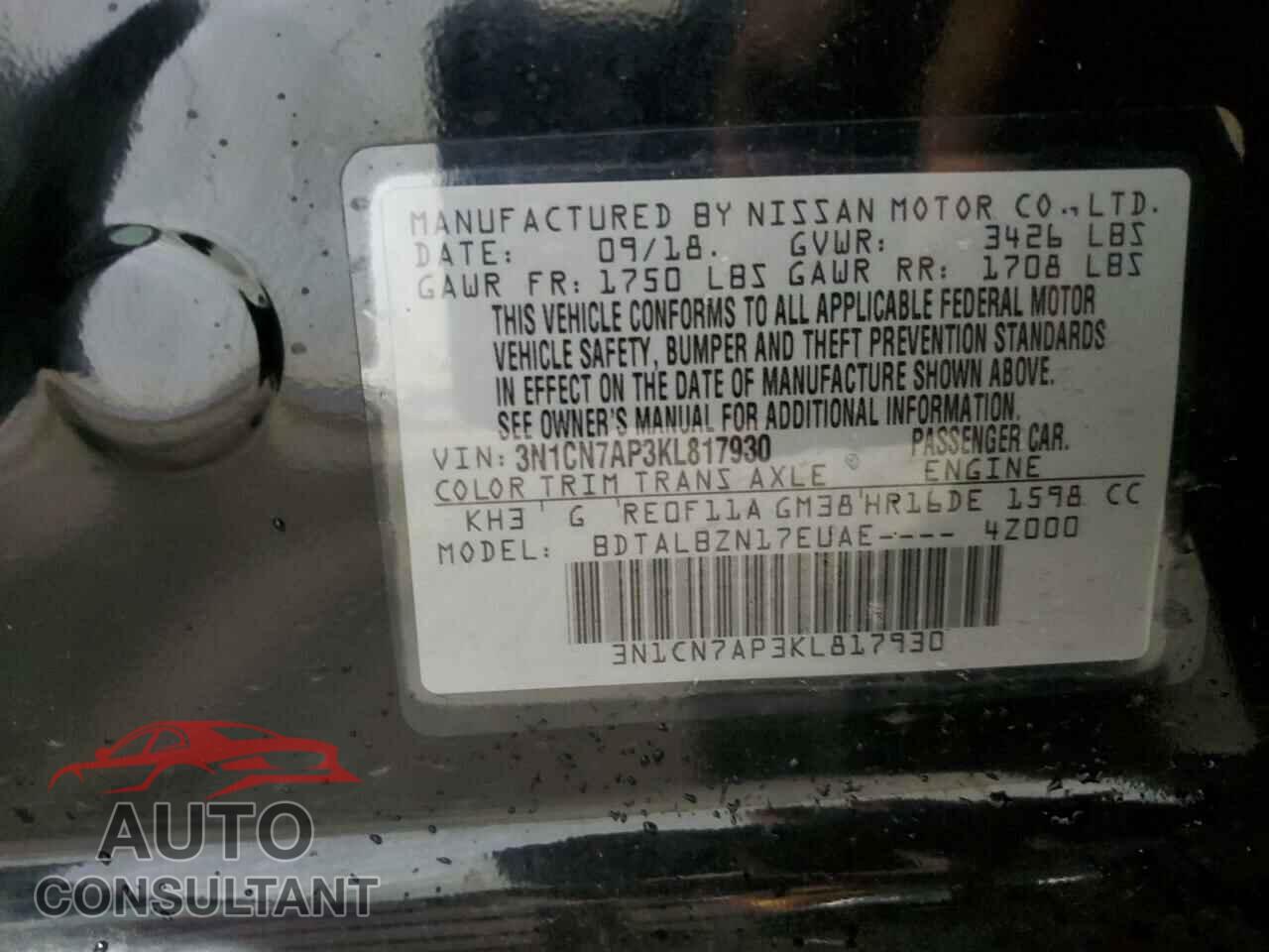 NISSAN VERSA 2019 - 3N1CN7AP3KL817930