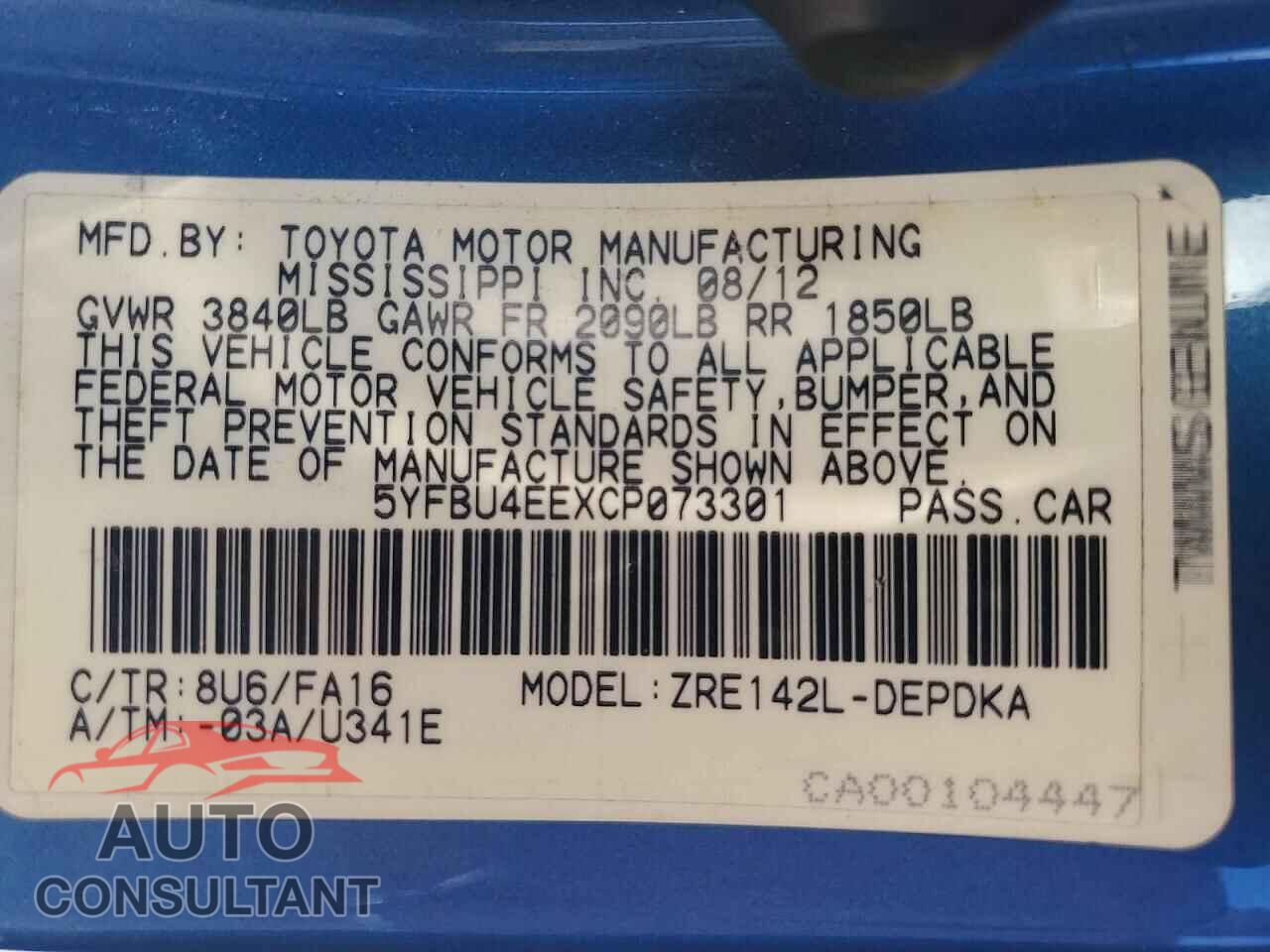 TOYOTA COROLLA 2012 - 5YFBU4EEXCP073301