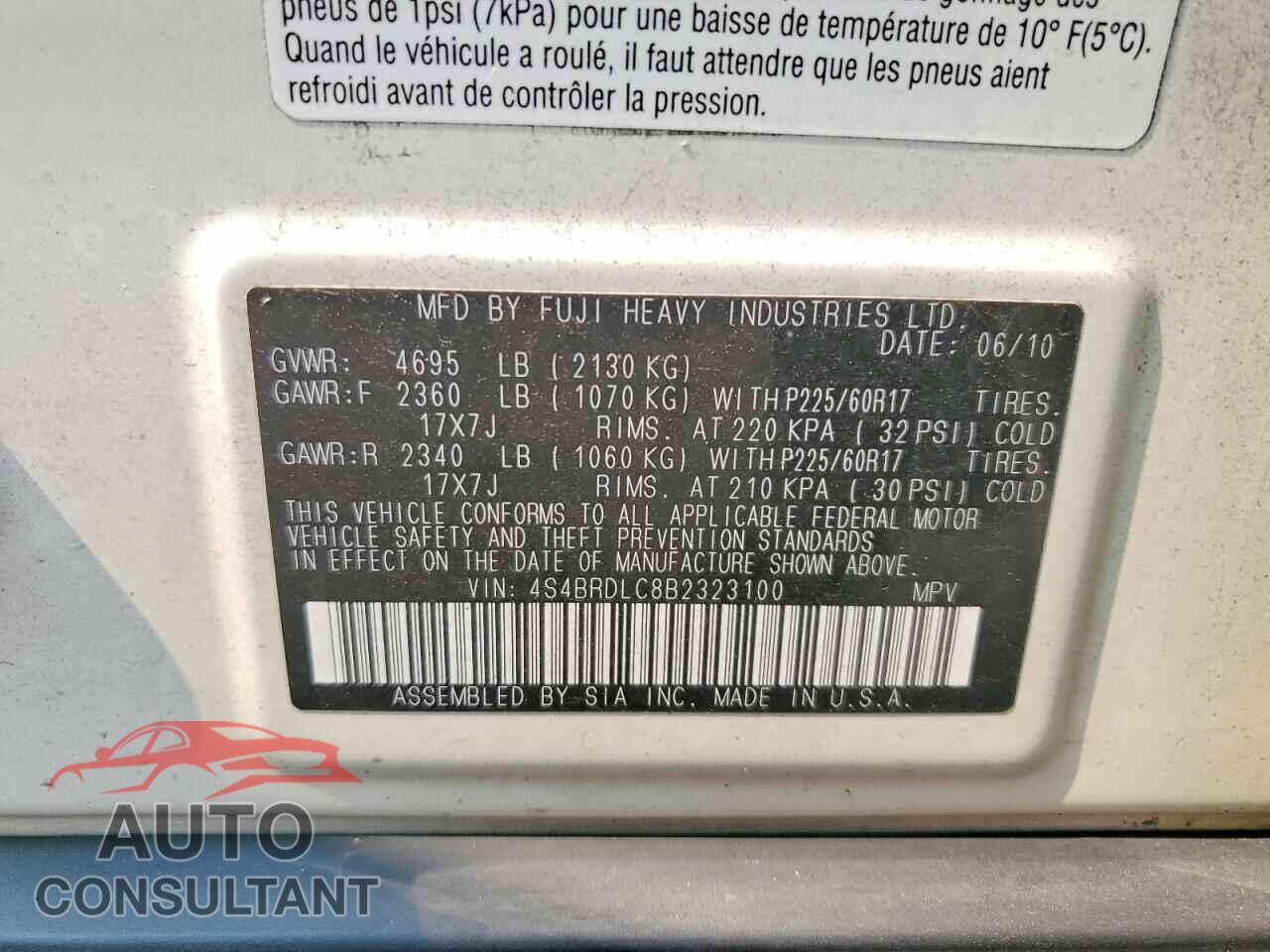 SUBARU OUTBACK 2011 - 4S4BRDLC8B2323100