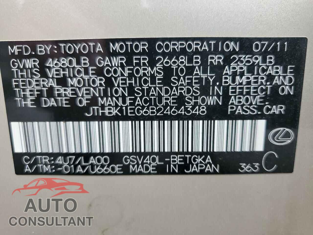 LEXUS ES350 2011 - JTHBK1EG6B2464348