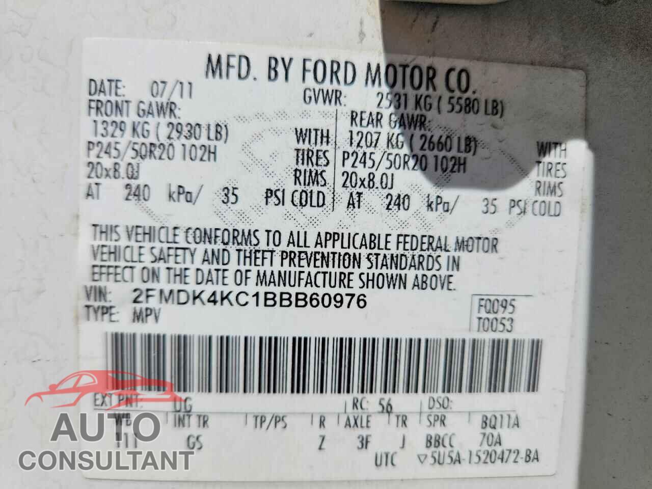 FORD EDGE 2011 - 2FMDK4KC1BBB60976