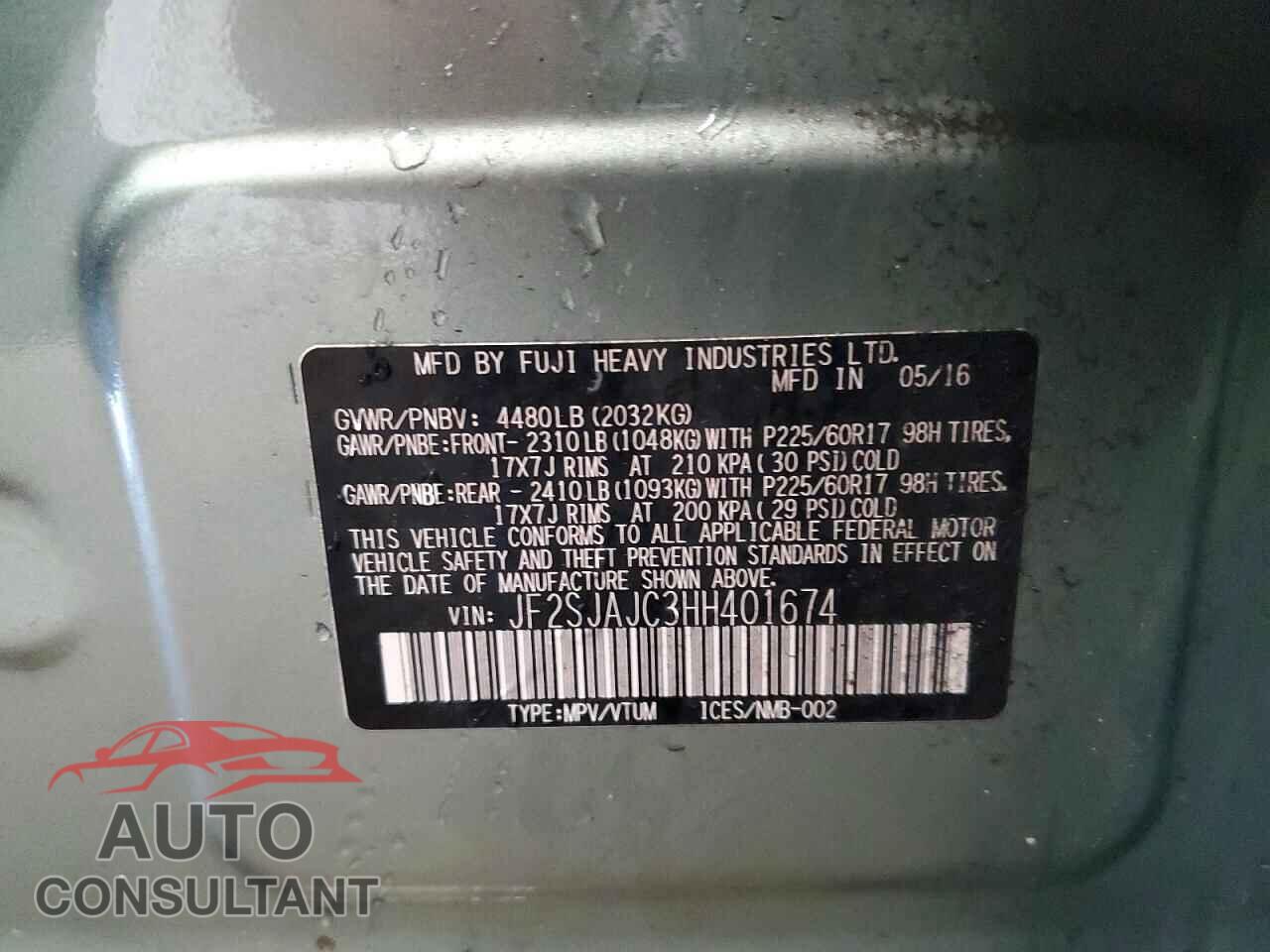 SUBARU FORESTER 2017 - JF2SJAJC3HH401674