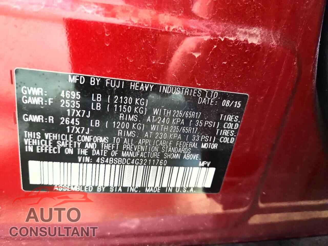 SUBARU OUTBACK 2016 - 4S4BSBDC4G3211760