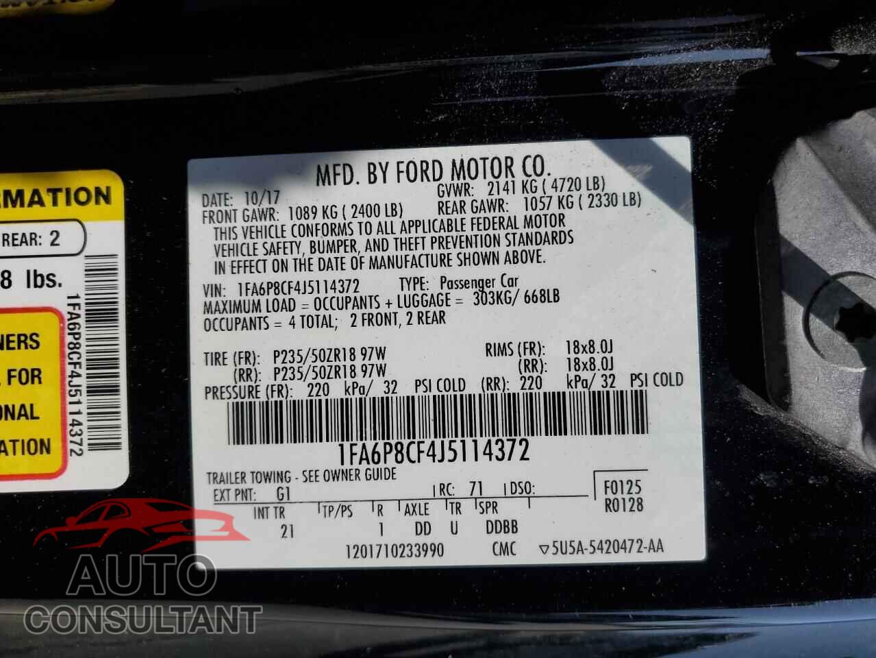FORD MUSTANG 2018 - 1FA6P8CF4J5114372