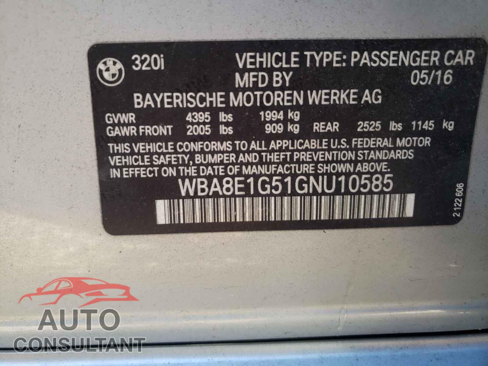 BMW 3 SERIES 2016 - WBA8E1G51GNU10585