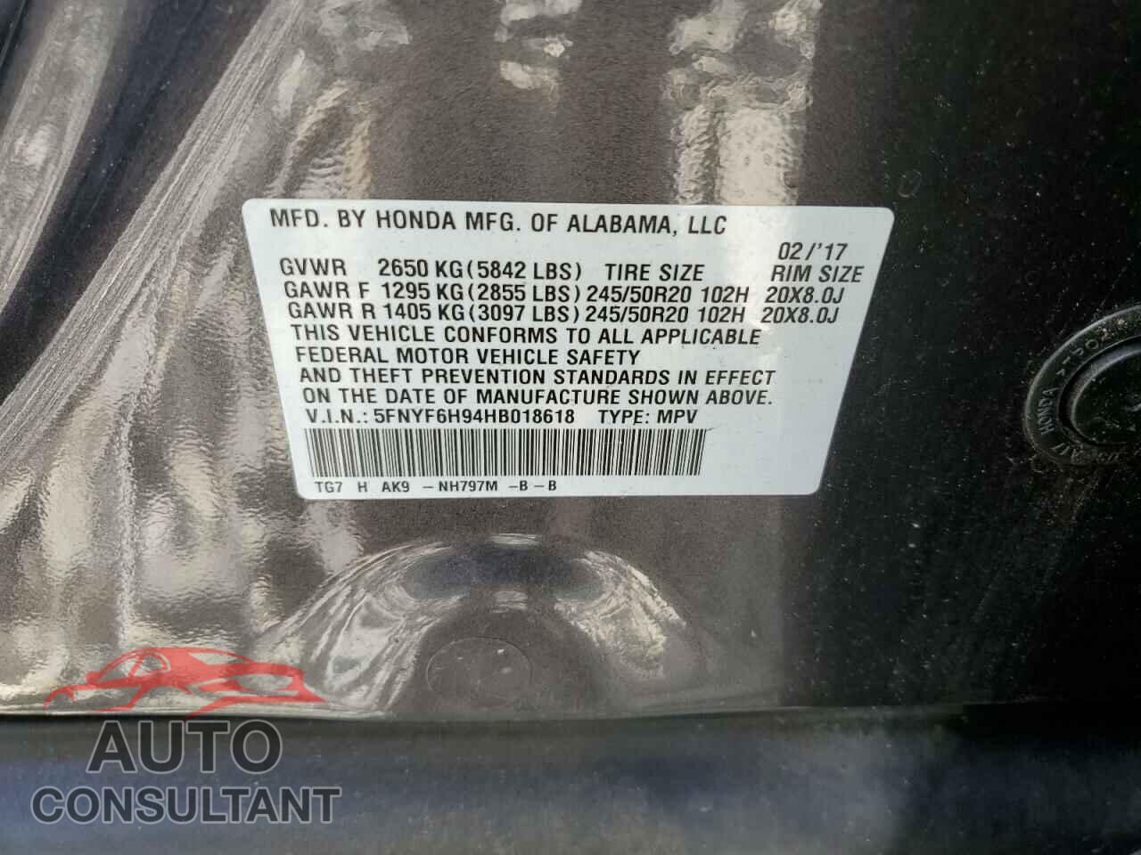 HONDA PILOT 2017 - 5FNYF6H94HB018618