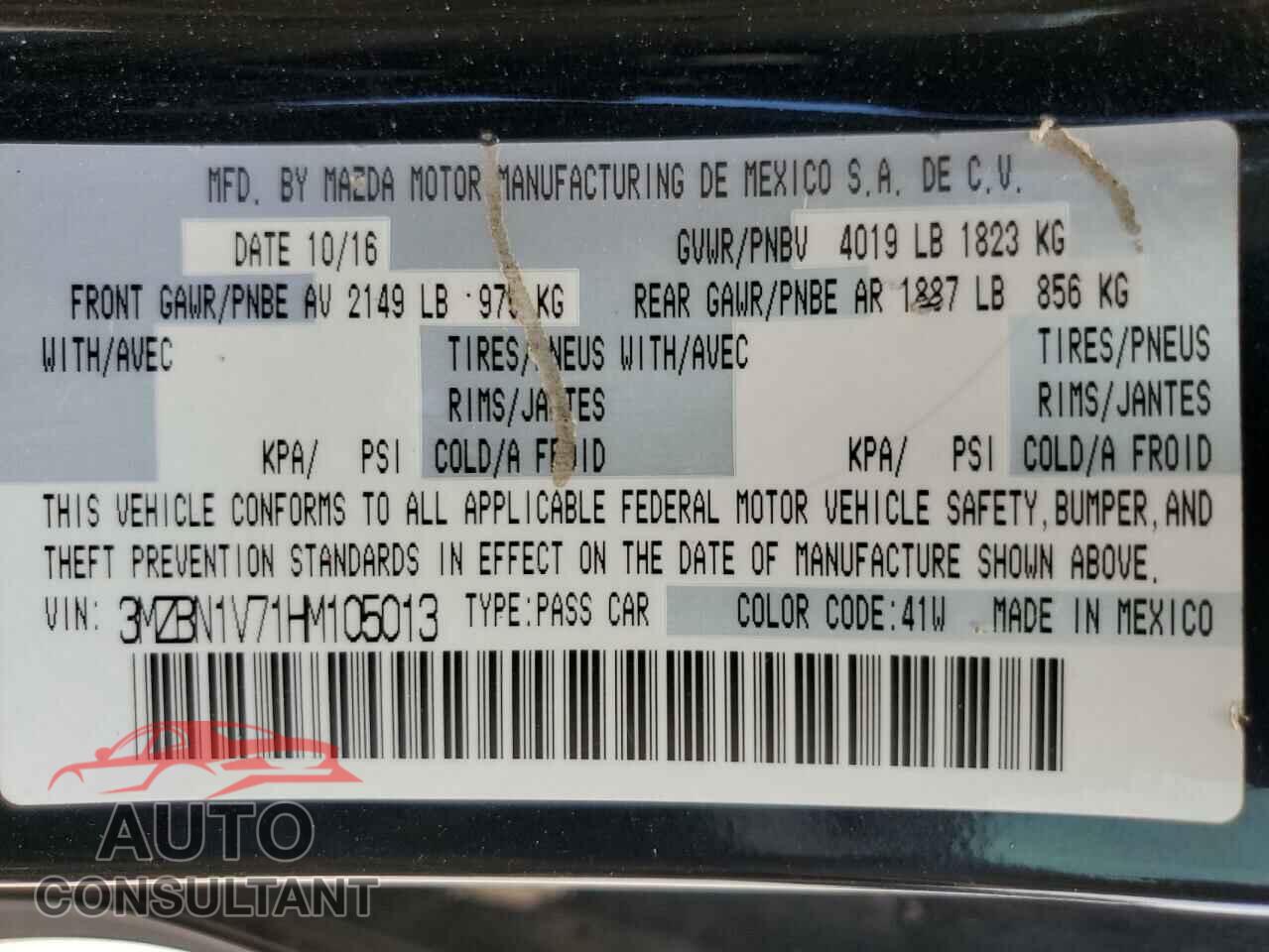 MAZDA 3 2017 - 3MZBN1V71HM105013