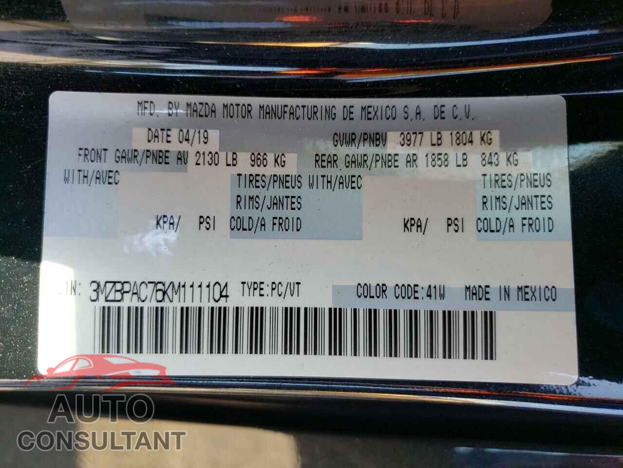 MAZDA 3 2019 - 3MZBPAC76KM111104