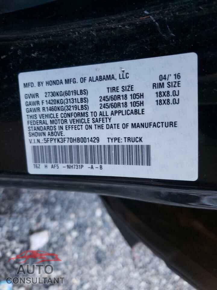 HONDA RIDGELINE 2017 - 5FPYK3F70HB001429