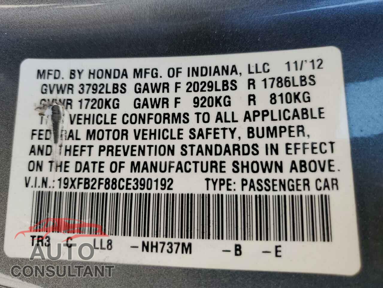 HONDA CIVIC 2012 - 19XFB2F88CE390192