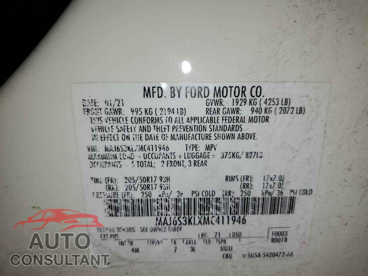 FORD ECOSPORT 2021 - MAJ6S3KLXMC411946