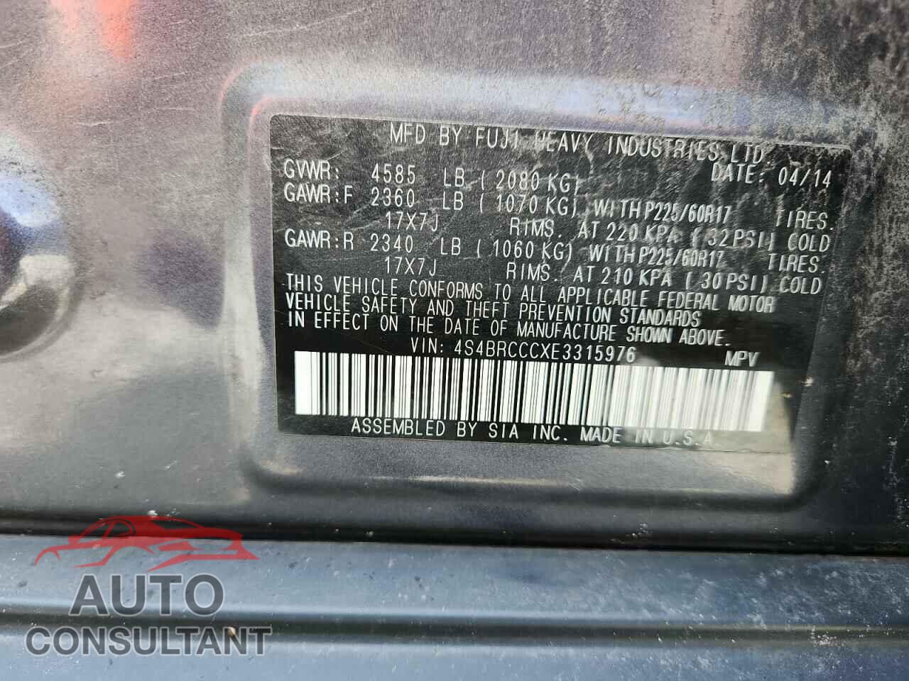 SUBARU OUTBACK 2014 - 4S4BRCCCXE3315976