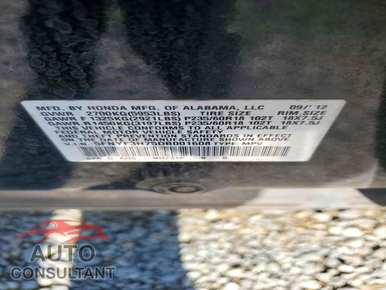 HONDA PILOT 2013 - 5FNYF3H75DB001608