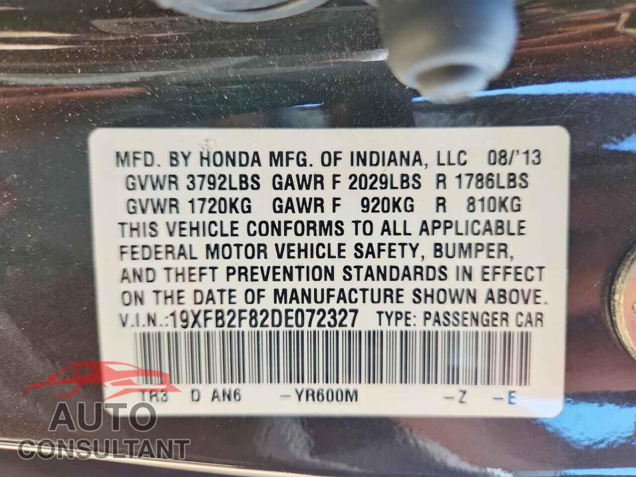 HONDA CIVIC 2013 - 19XFB2F82DE072327