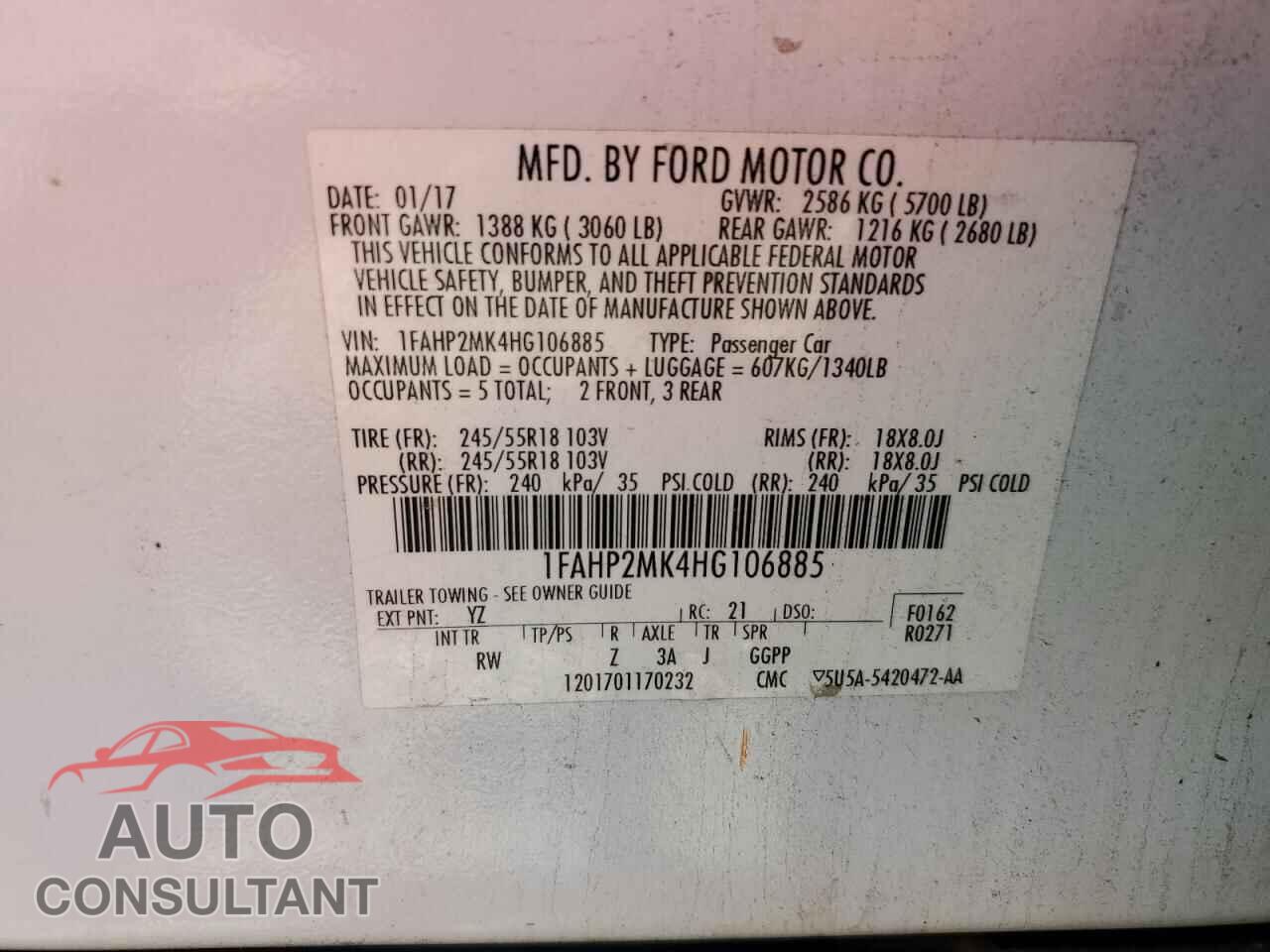 FORD TAURUS 2017 - 1FAHP2MK4HG106885