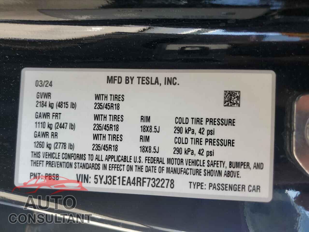 TESLA MODEL 3 2024 - 5YJ3E1EA4RF732278