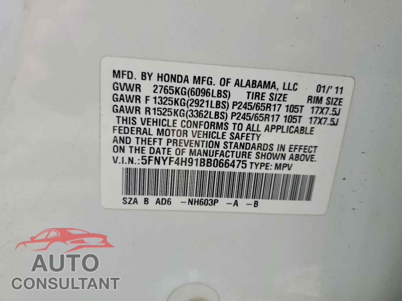 HONDA PILOT 2011 - 5FNYF4H91BB066475