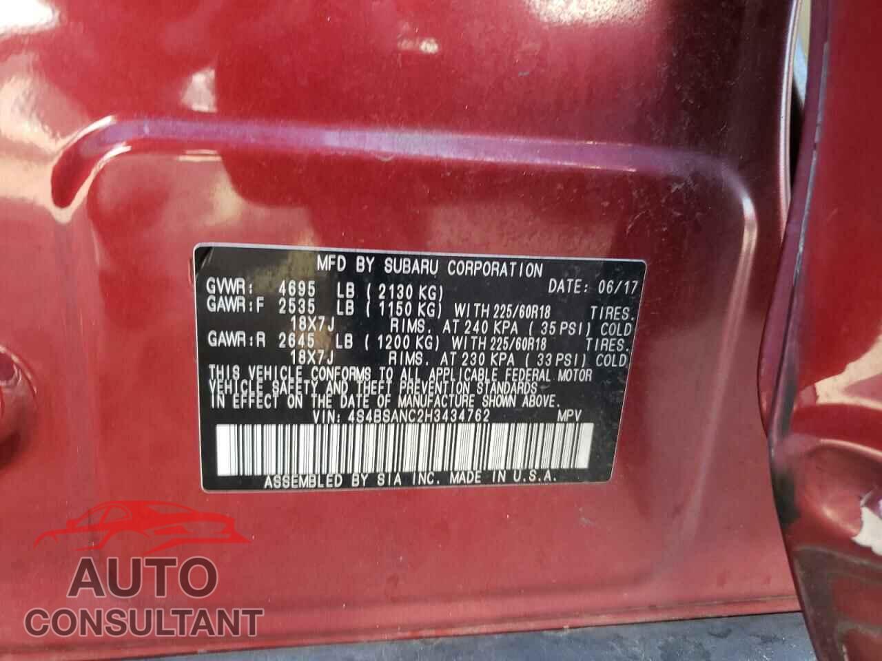 SUBARU OUTBACK 2017 - 4S4BSANC2H3434762