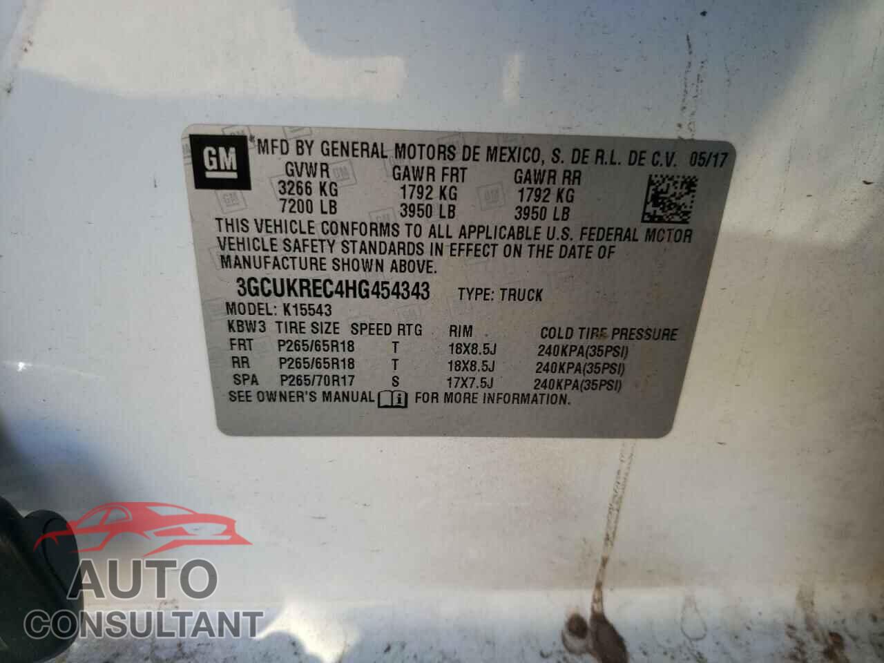CHEVROLET SILVERADO 2017 - 3GCUKREC4HG454343