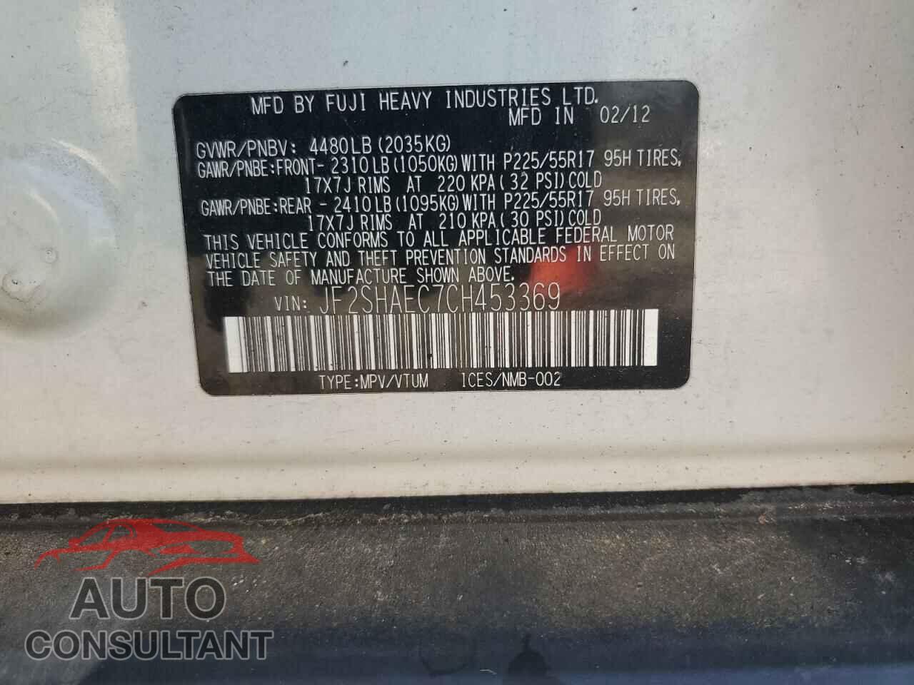 SUBARU FORESTER 2012 - JF2SHAEC7CH453369