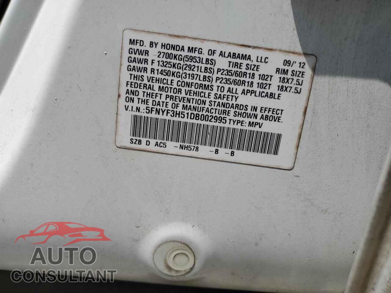 HONDA PILOT 2013 - 5FNYF3H51DB002995