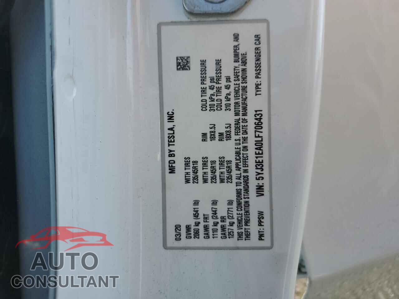 TESLA MODEL 3 2020 - 5YJ3E1EA0LF706431