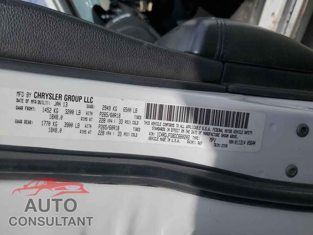 DODGE DURANGO 2013 - 1C4RDJFG8DC660202