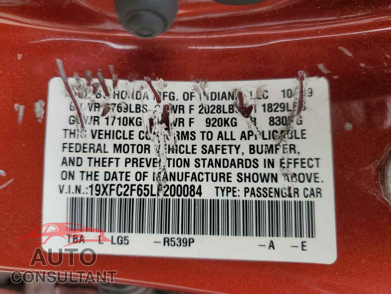 HONDA CIVIC 2020 - 19XFC2F65LE200084