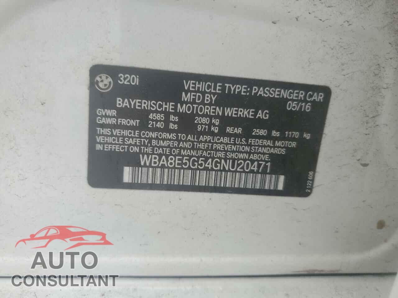 BMW 3 SERIES 2016 - WBA8E5G54GNU20471