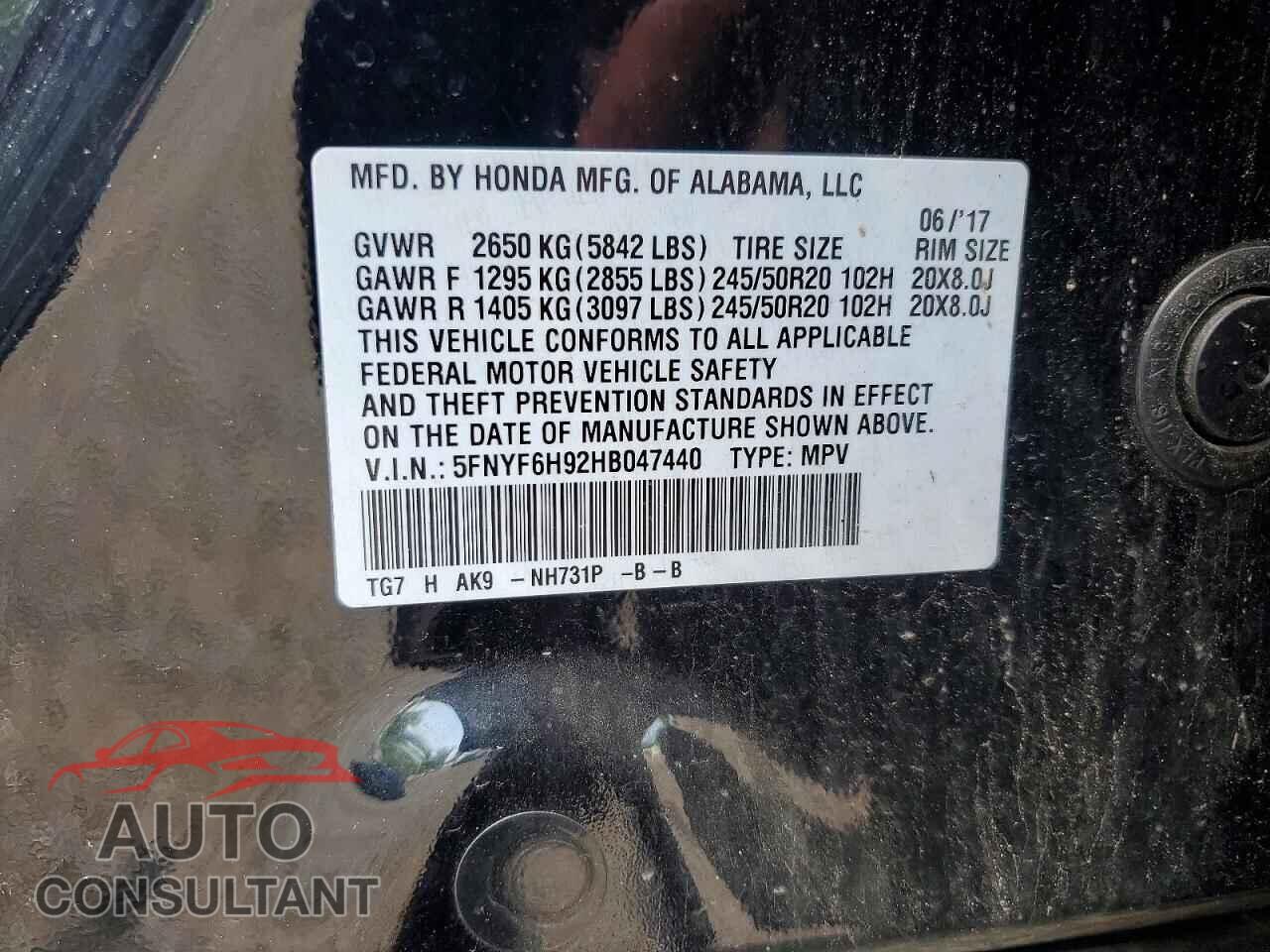 HONDA PILOT 2017 - 5FNYF6H92HB047440