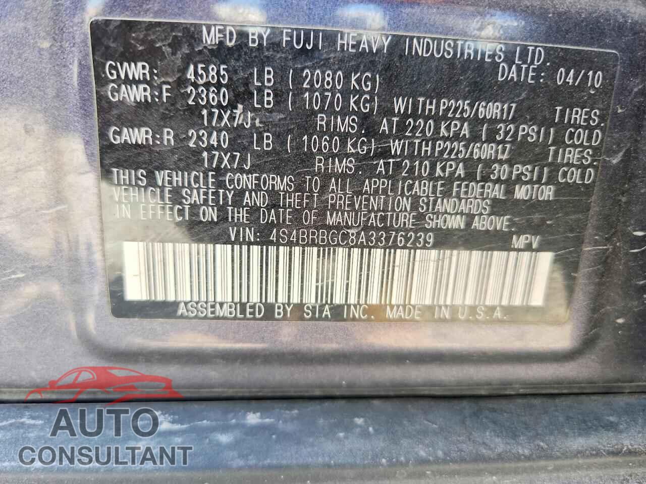 SUBARU OUTBACK 2010 - 4S4BRBGC8A3376239