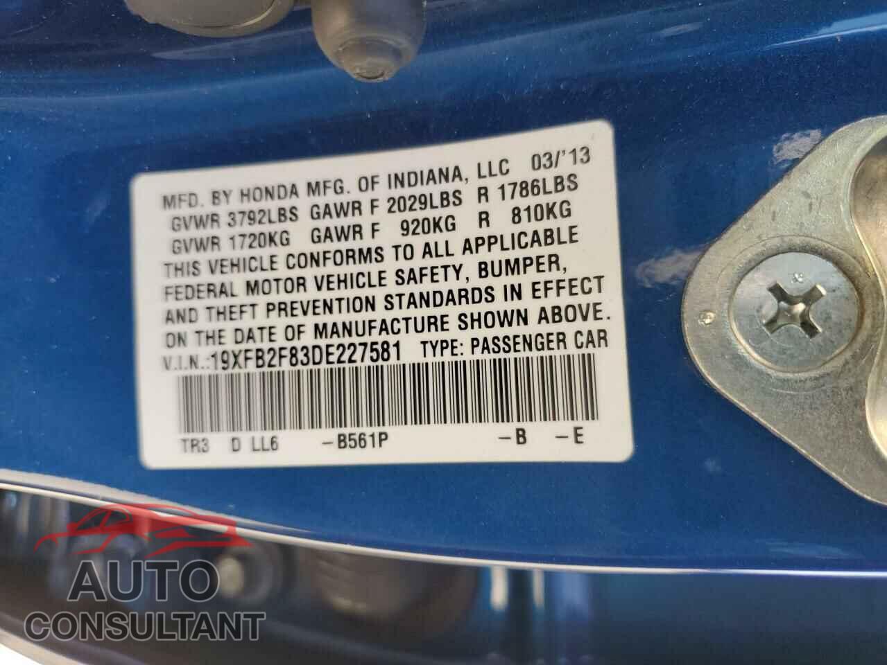 HONDA CIVIC 2013 - 19XFB2F83DE227581