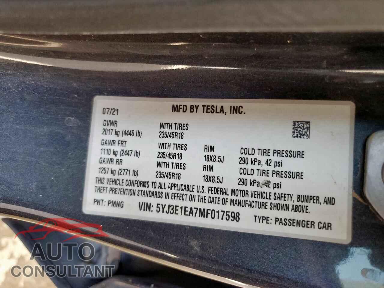 TESLA MODEL 3 2021 - 5YJ3E1EA7MF017598