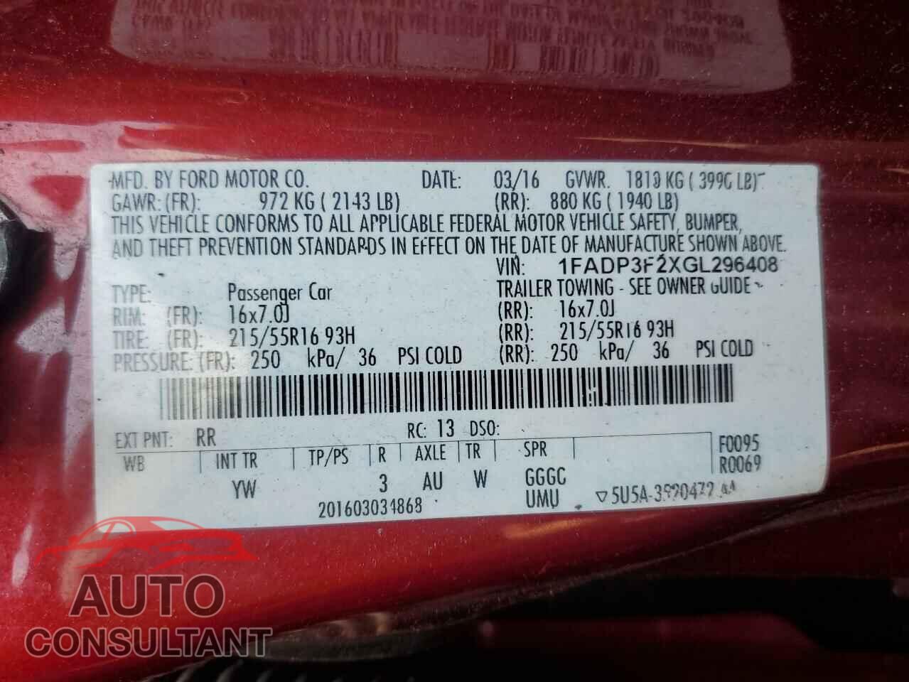 FORD FOCUS 2016 - 1FADP3F2XGL296408