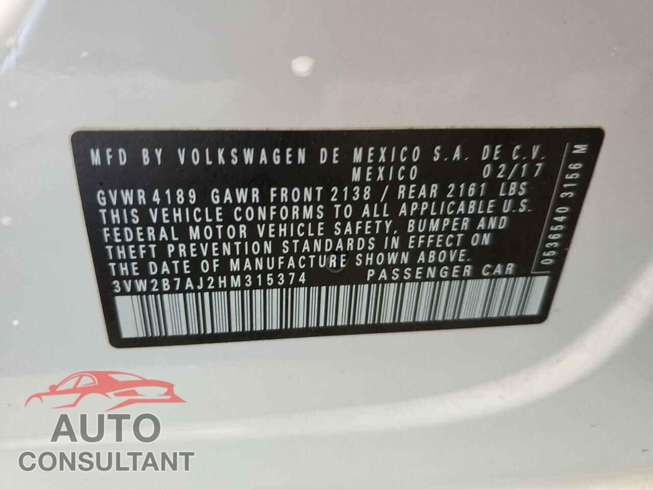 VOLKSWAGEN JETTA 2017 - 3VW2B7AJ2HM315374