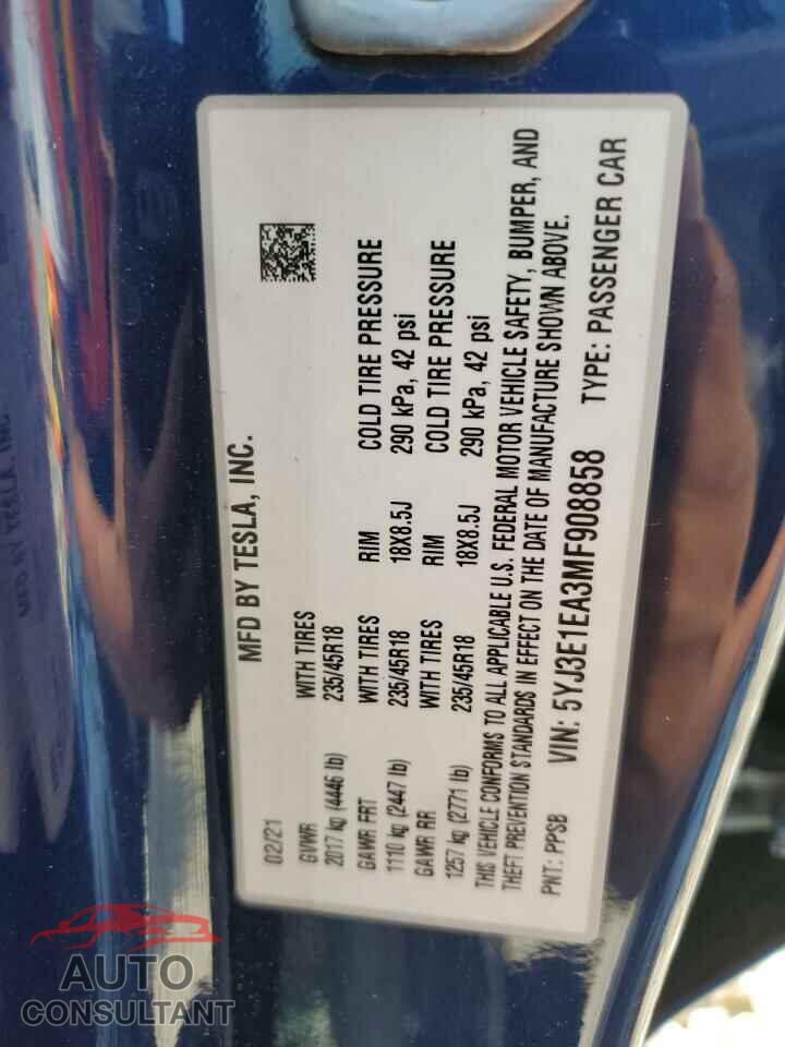 TESLA MODEL 3 2021 - 5YJ3E1EA3MF908858