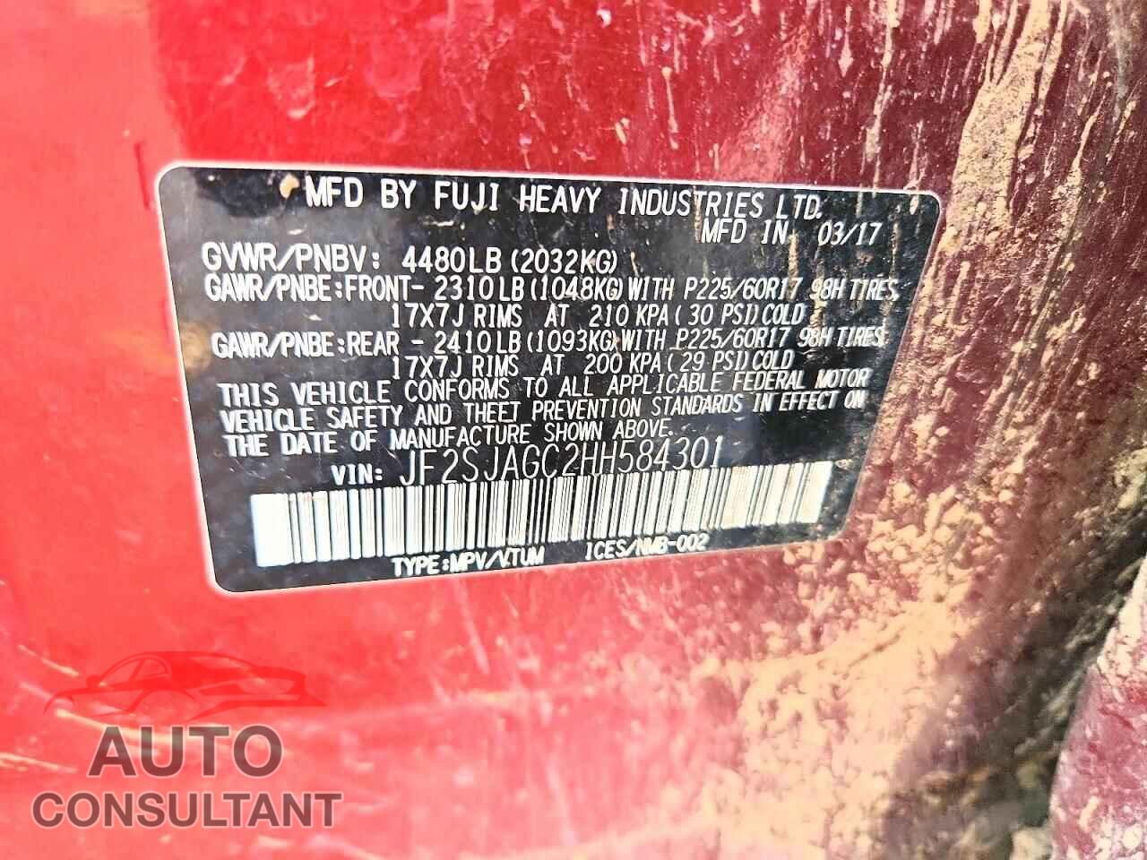 SUBARU FORESTER 2017 - JF2SJAGC2HH584301