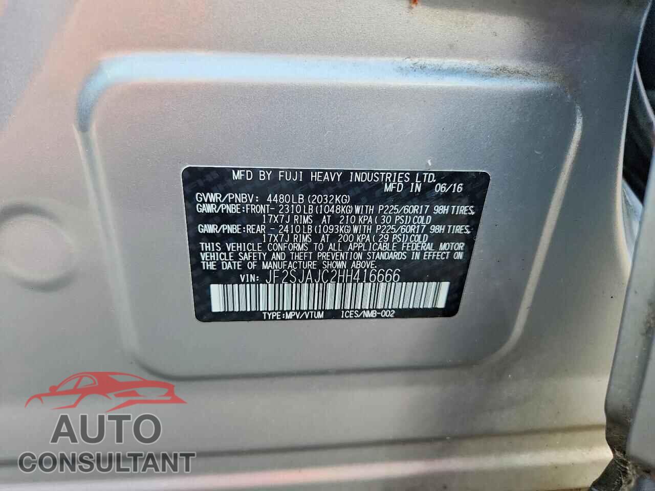 SUBARU FORESTER 2017 - JF2SJAJC2HH416666