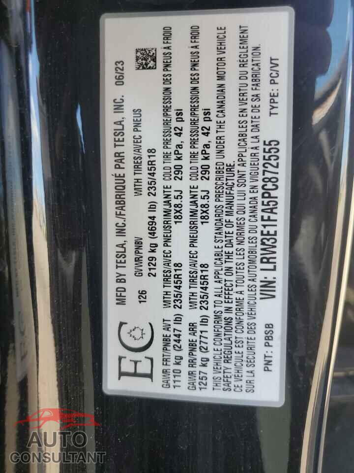 TESLA MODEL 3 2023 - LRW3E1FA5PC872555