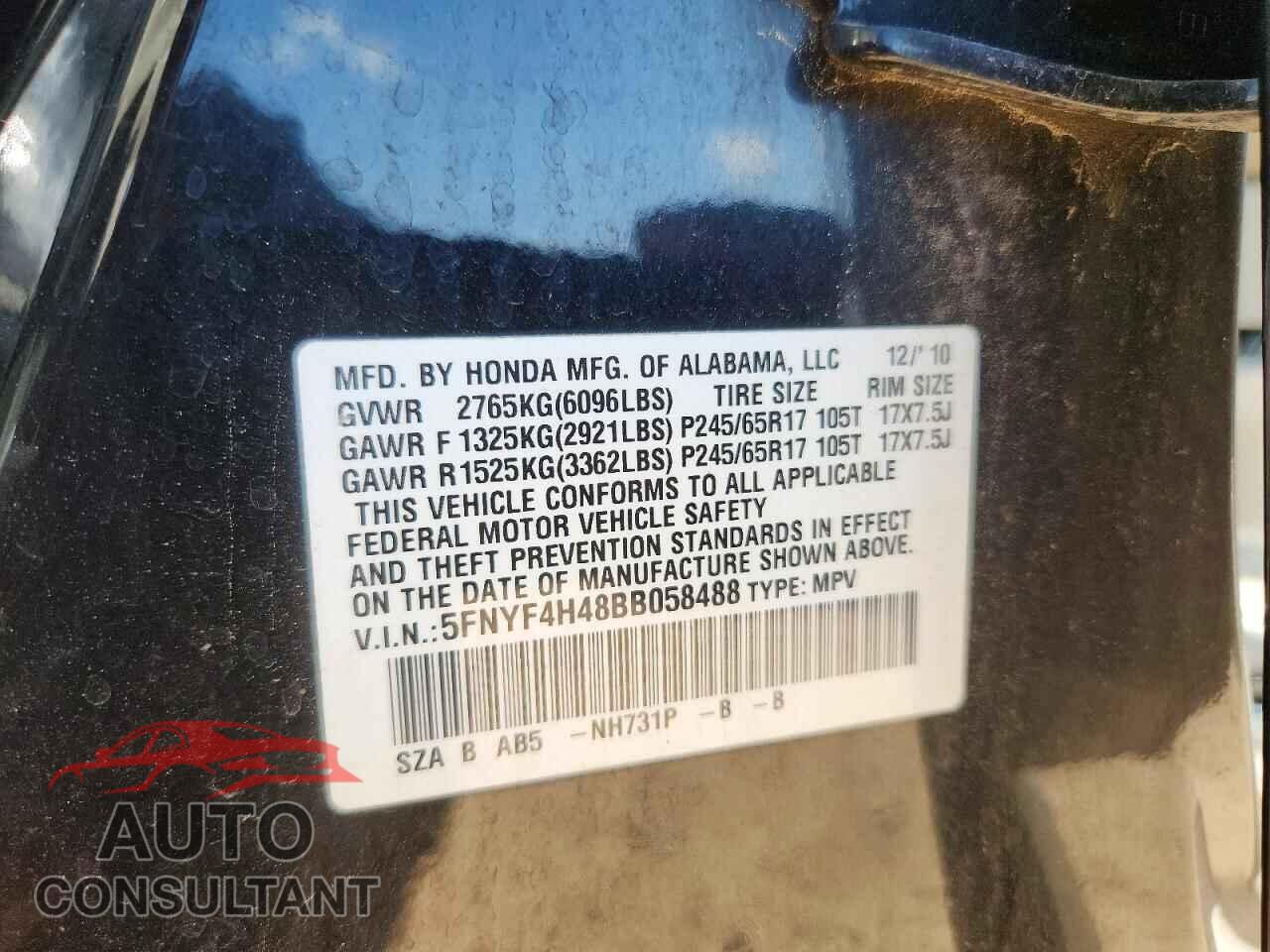 HONDA PILOT 2011 - 5FNYF4H48BB058488