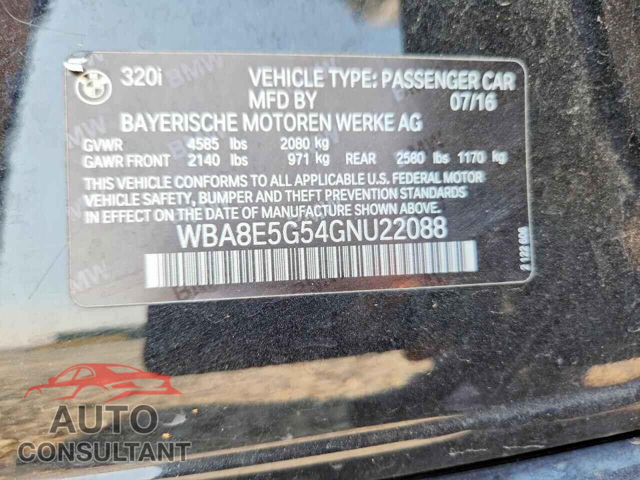 BMW 3 SERIES 2016 - WBA8E5G54GNU22088